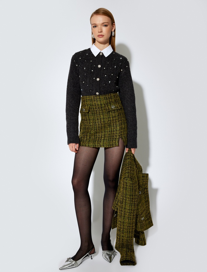  Koton X Melis Ağazat - Kapaklı Cepli Yırtmaç Detaylı Slim Fit Mini Tüvit Etek