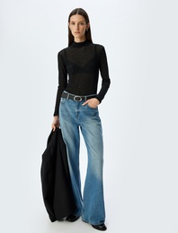 Balıkçı Yaka Yarı Transparan Uzun Kollu Body