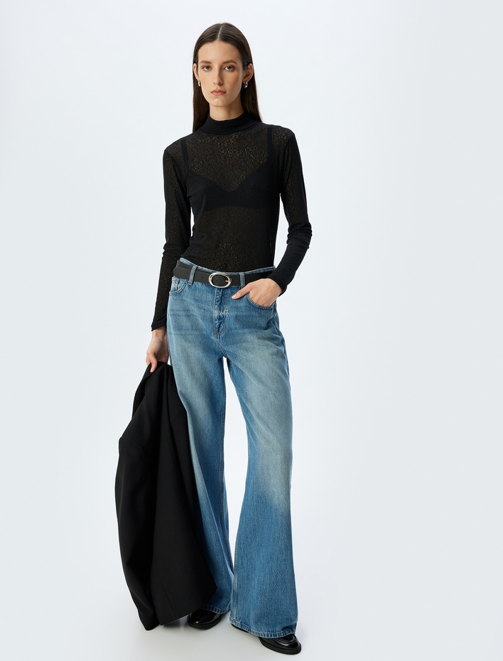  Balıkçı Yaka Yarı Transparan Uzun Kollu Body