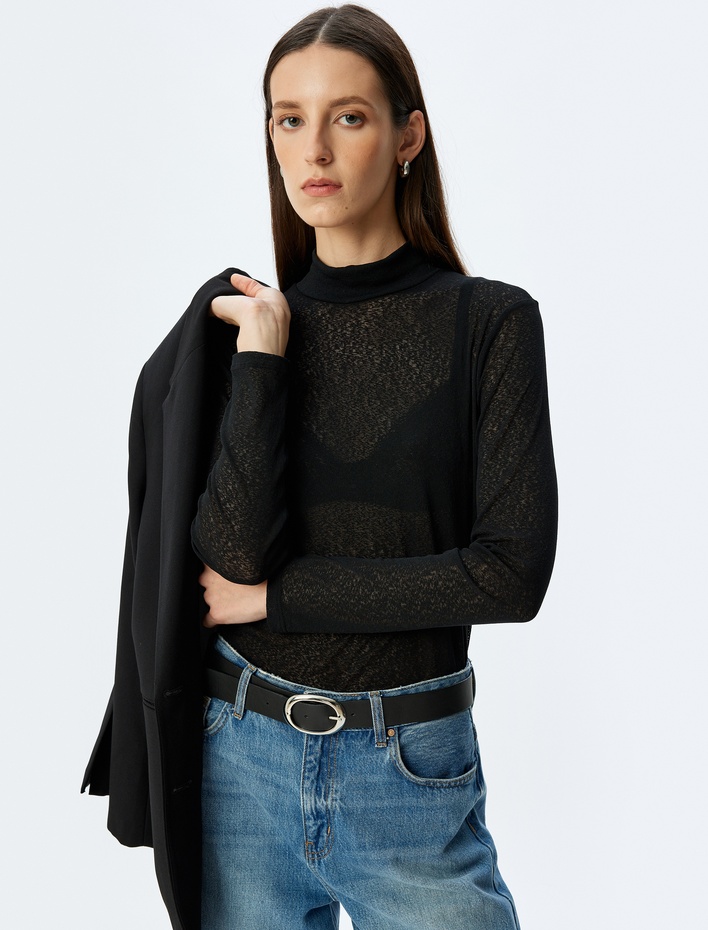  Balıkçı Yaka Yarı Transparan Uzun Kollu Body