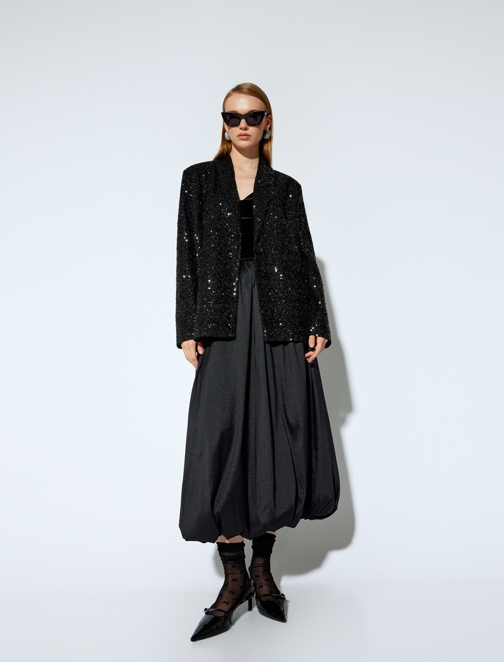  Koton X Melis Ağazat - Standart Bel Oversize Uzun Saten Balon Etek