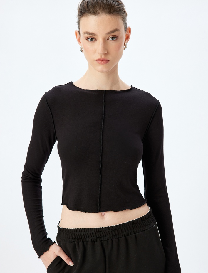  Viskon Dikiş Detaylı Uzun Kollu Bisiklet Yaka Tişört