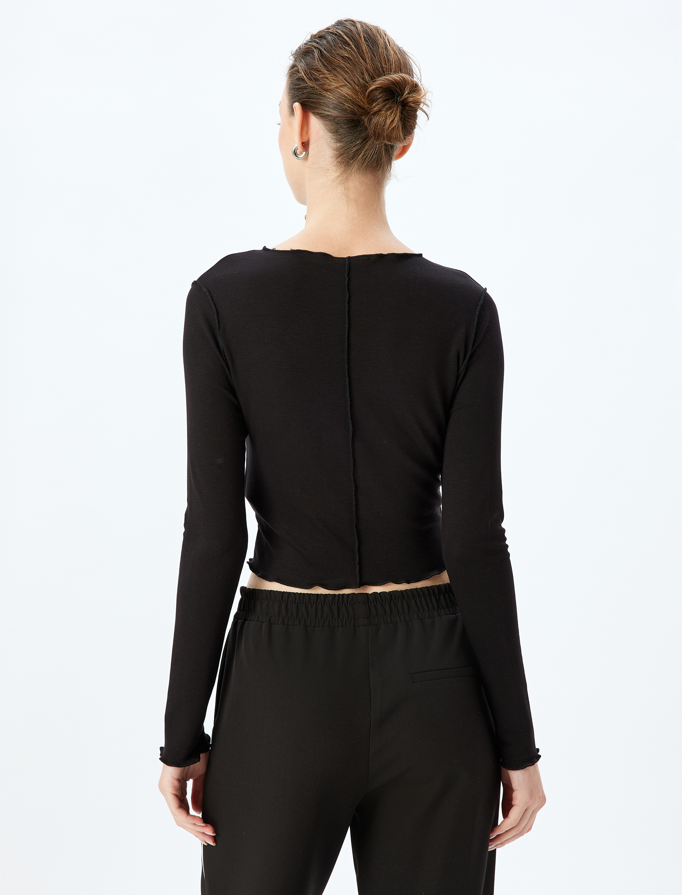   Viskon Dikiş Detaylı Uzun Kollu Bisiklet Yaka Tişört