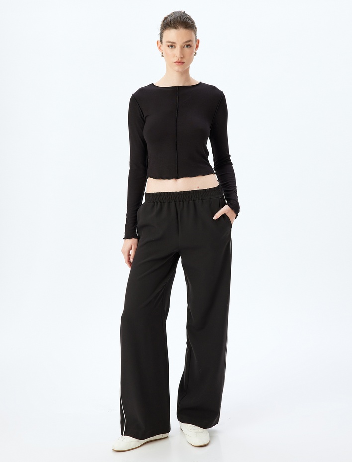  Viskon Dikiş Detaylı Uzun Kollu Bisiklet Yaka Tişört