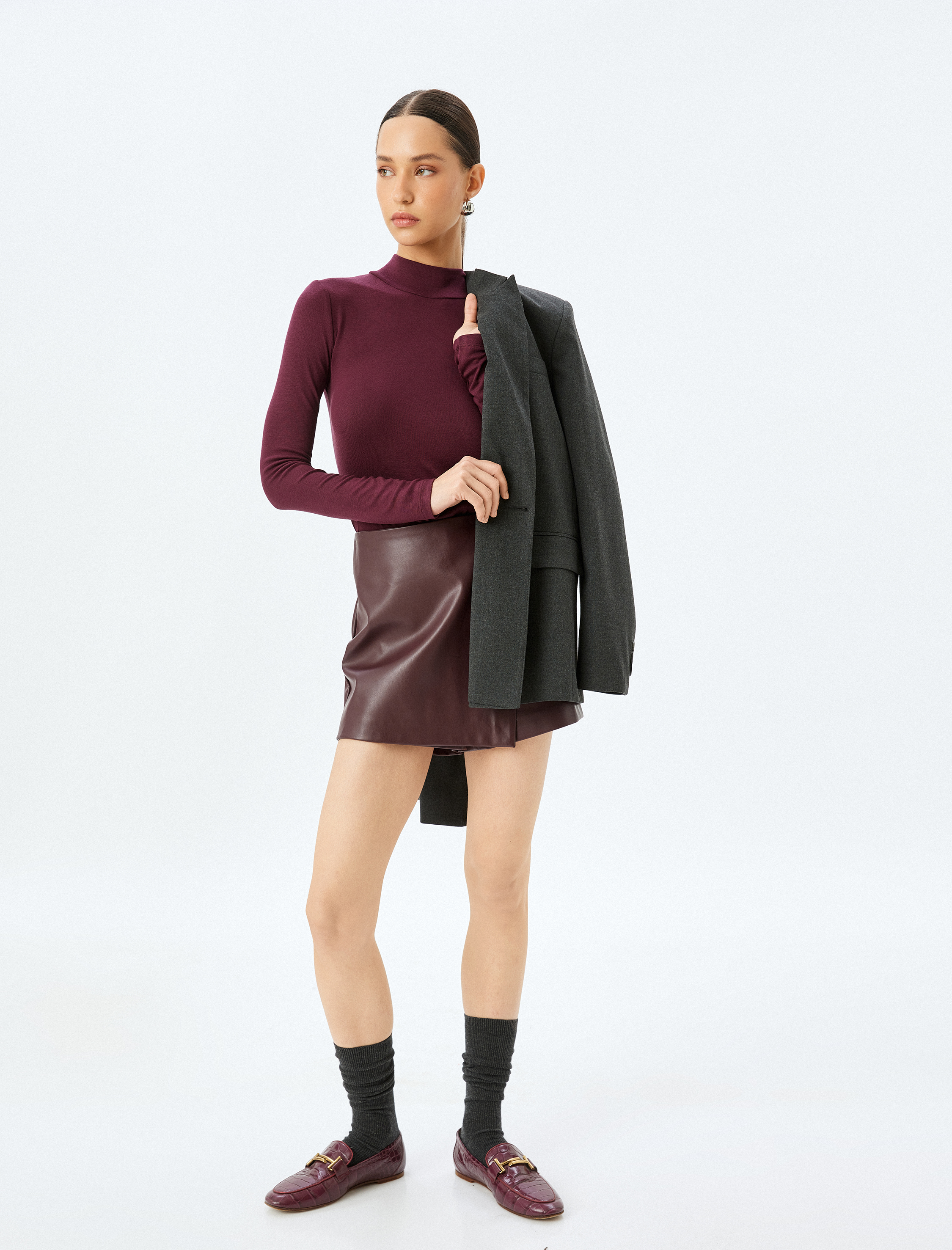   Slim Fit Alttan Çıt Çıt Düğme Kapamalı Dik Yaka Viskon Uzun Kollu Bodysuit