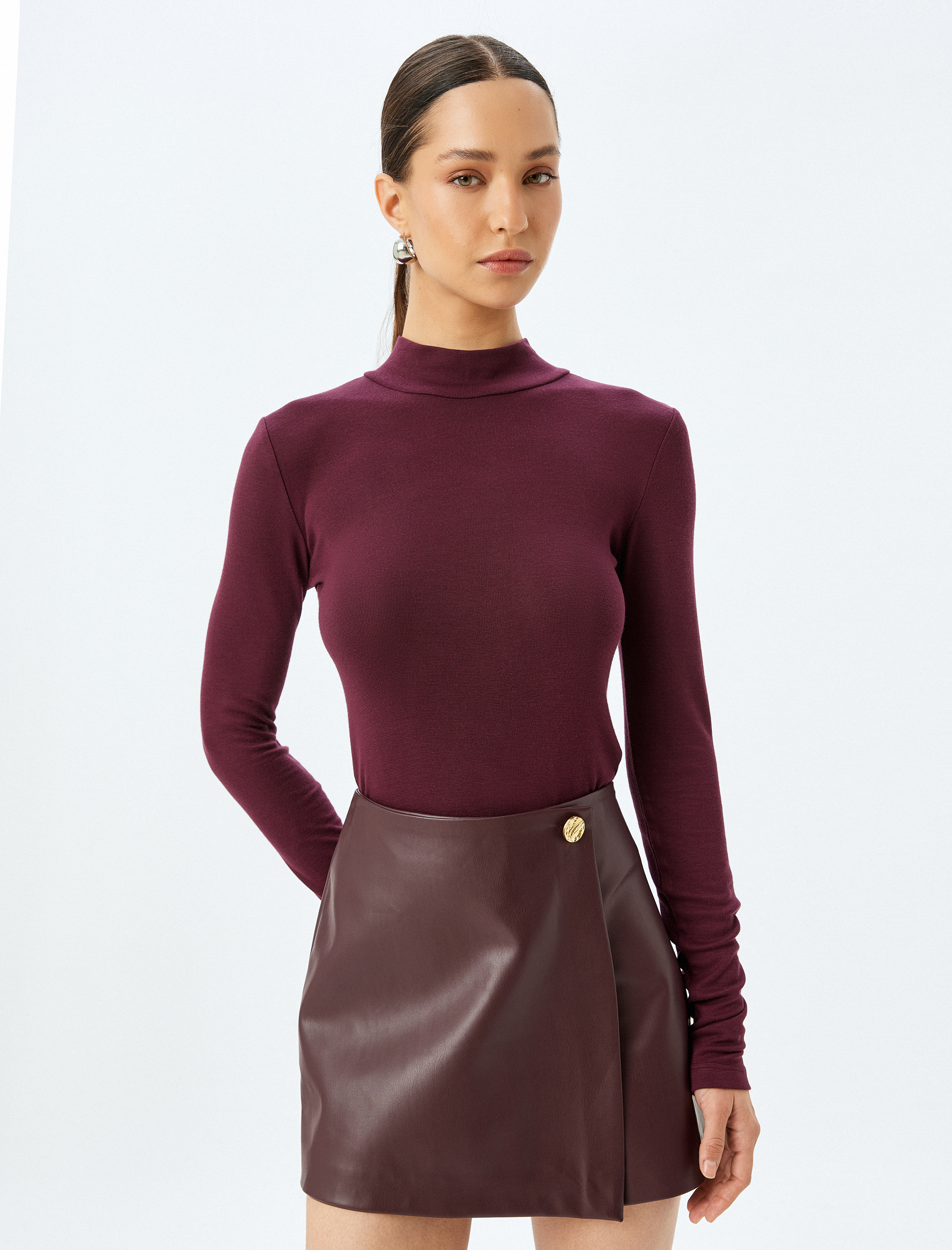   Slim Fit Alttan Çıt Çıt Düğme Kapamalı Dik Yaka Viskon Uzun Kollu Bodysuit