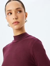 Slim Fit Alttan Çıt Çıt Düğme Kapamalı Dik Yaka Viskon Uzun Kollu Bodysuit