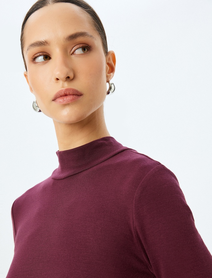  Slim Fit Alttan Çıt Çıt Düğme Kapamalı Dik Yaka Viskon Uzun Kollu Bodysuit