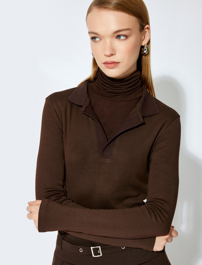  Koton X Şahika Ercümen - Viskon Kumaş Karışımlı Uzun Kollu Polo Yaka Tişört