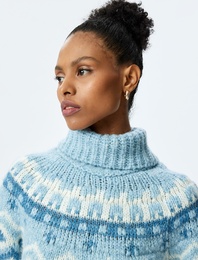 Etnik Desenli Uzun Kollu Balıkçı Yaka Örgü Kazak