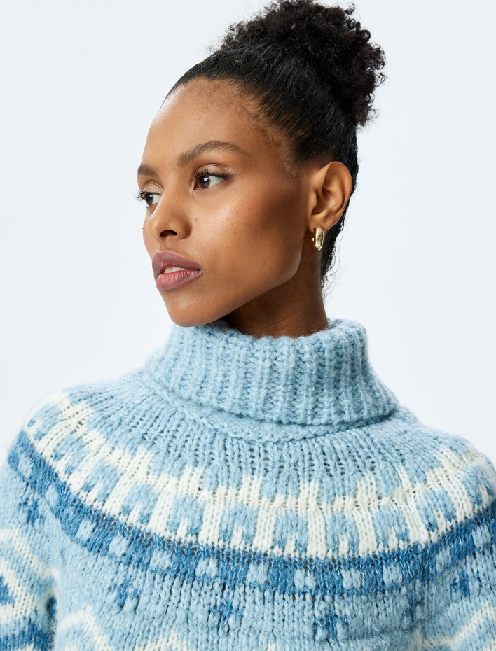  Etnik Desenli Uzun Kollu Balıkçı Yaka Örgü Kazak