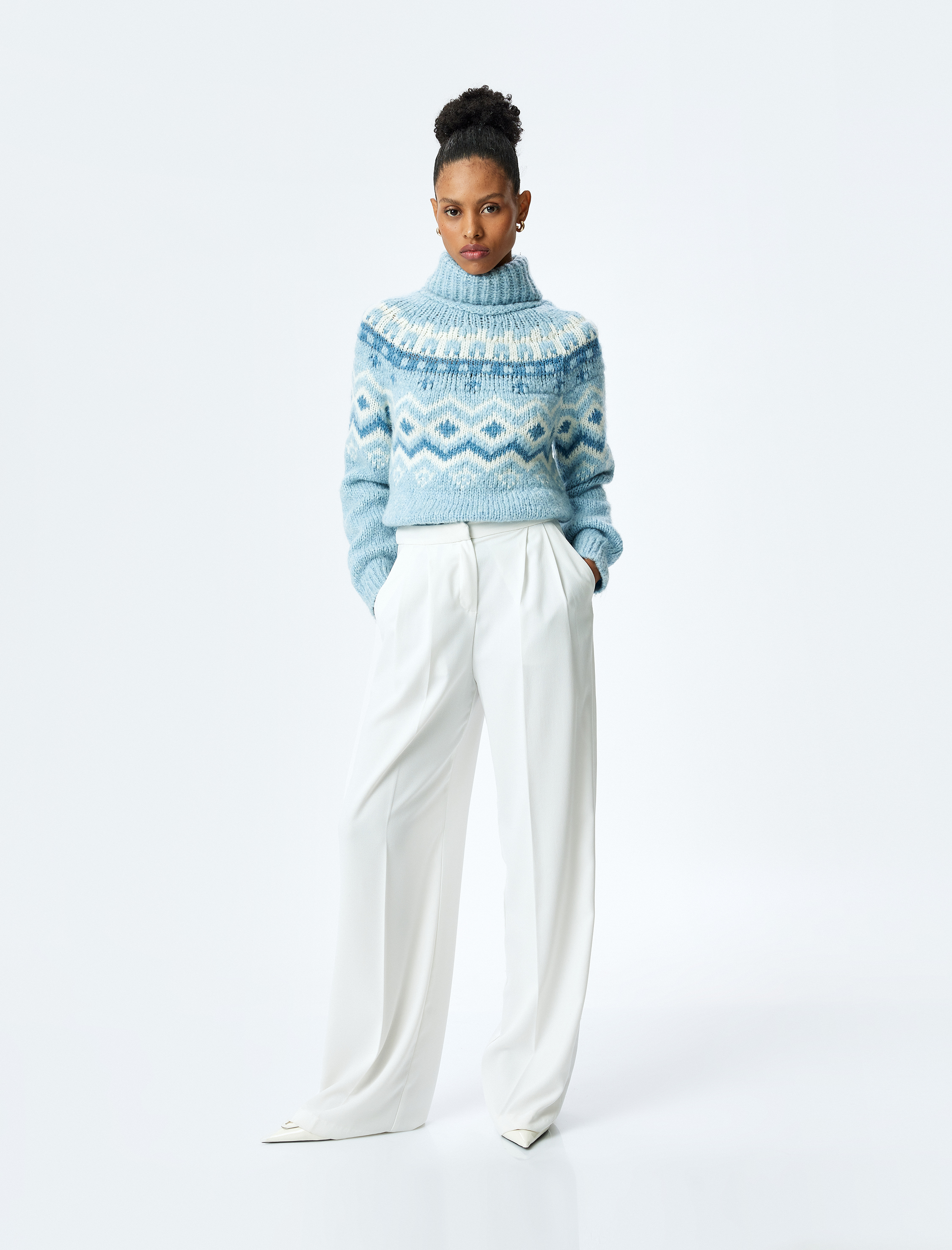   Etnik Desenli Uzun Kollu Balıkçı Yaka Örgü Kazak