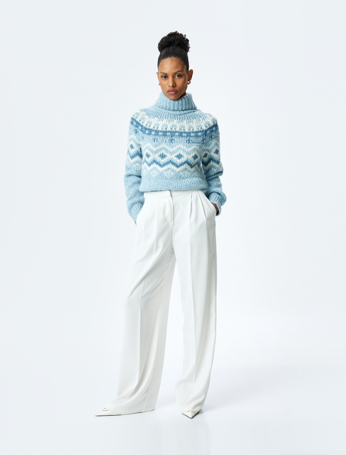  Etnik Desenli Uzun Kollu Balıkçı Yaka Örgü Kazak