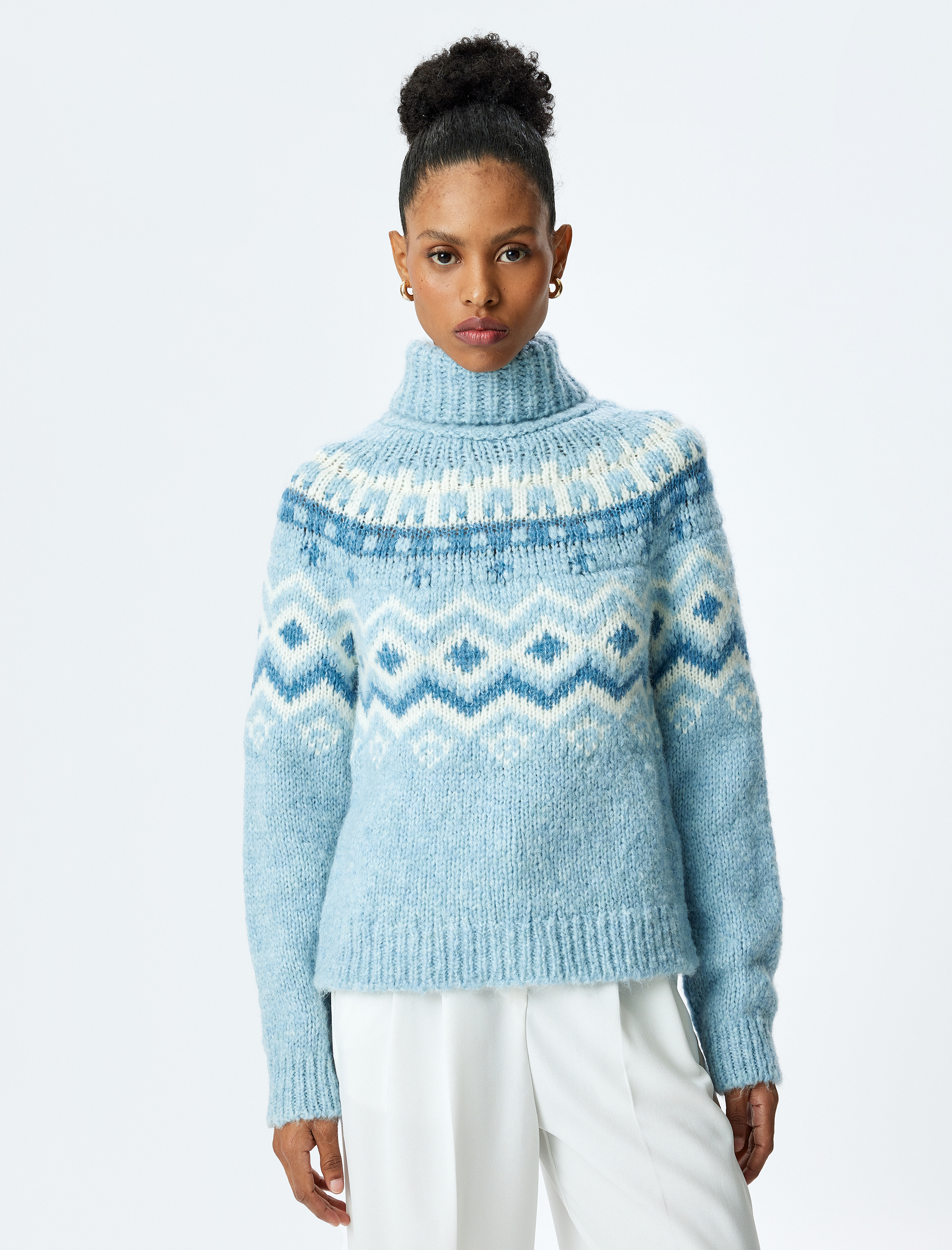   Etnik Desenli Uzun Kollu Balıkçı Yaka Örgü Kazak