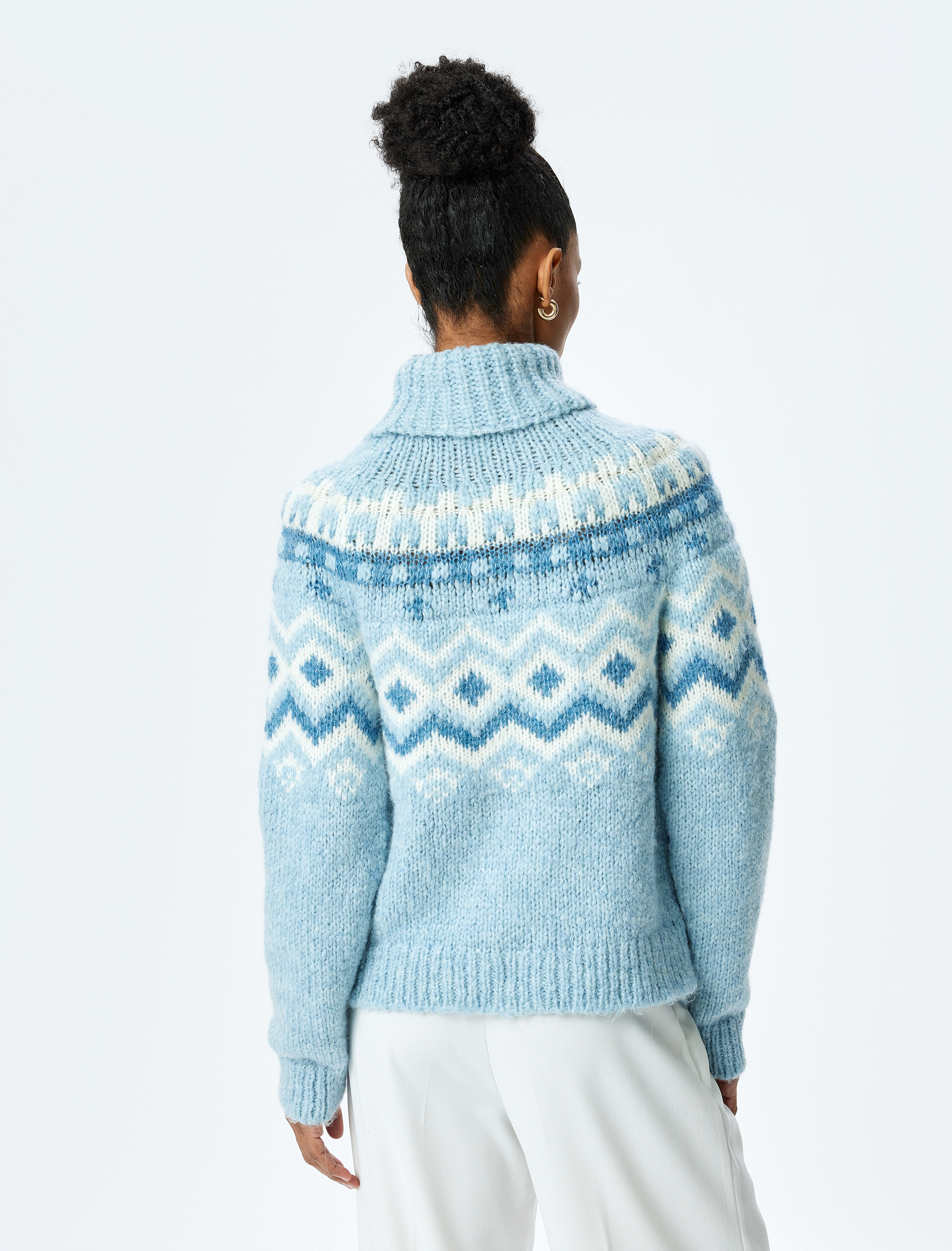   Etnik Desenli Uzun Kollu Balıkçı Yaka Örgü Kazak