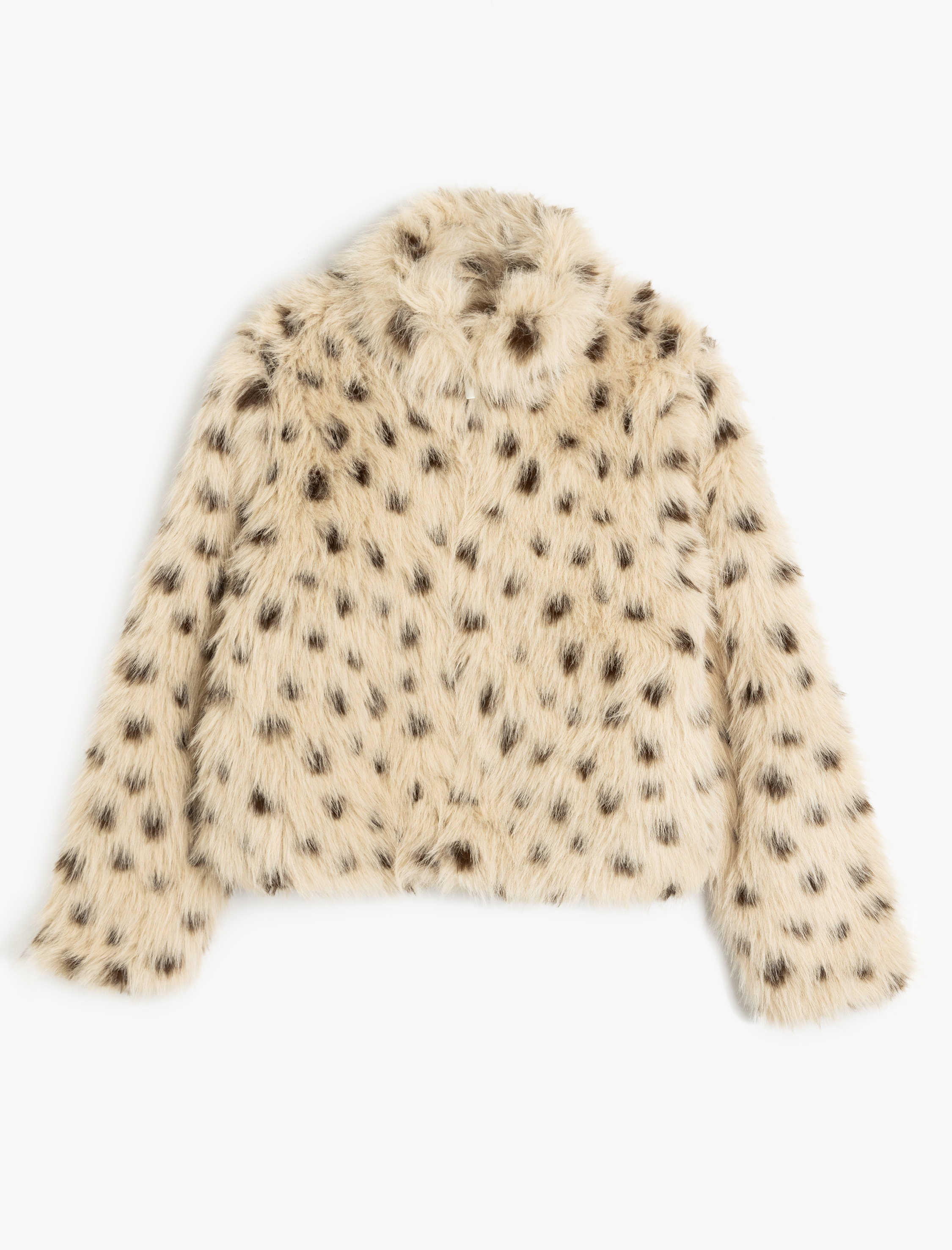   Uzun Kollu Dik Yaka Leopar Desenli Suni Kürk Ceket