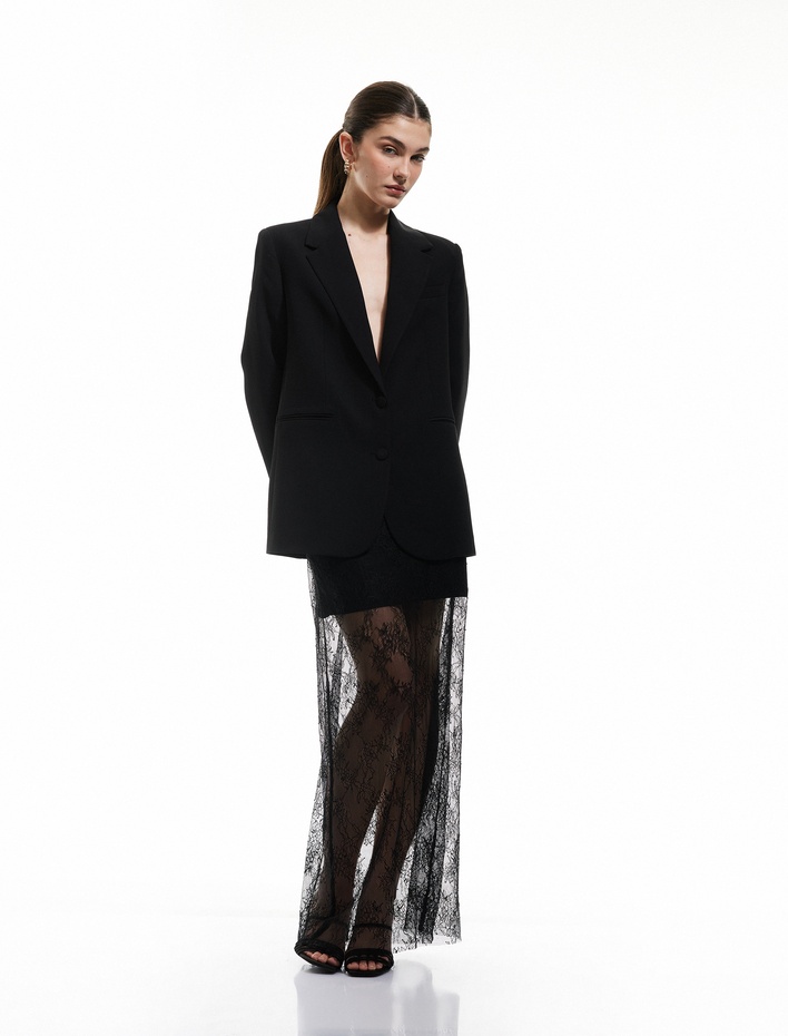  Dantel Detaylı Astarlı Yüksek Bel Midi Kalem Etek