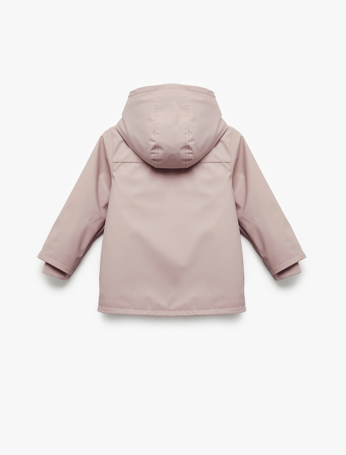 Kız Bebek Peluş Detaylı Kapaklı Cepli Uzun Kollu Kapşonlu Kaban