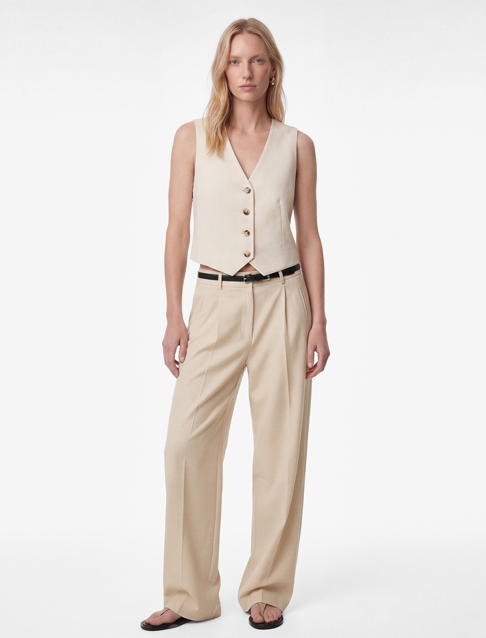  Düğmeli Viskon Karışımlı Kolsuz V Yaka Yelek