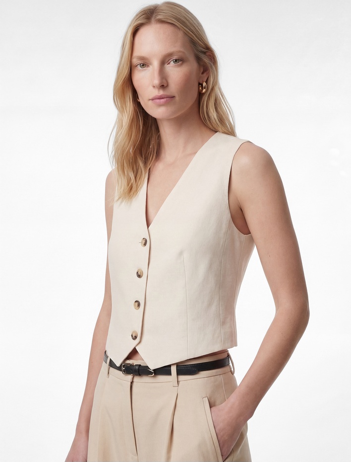  Düğmeli Viskon Karışımlı Kolsuz V Yaka Yelek