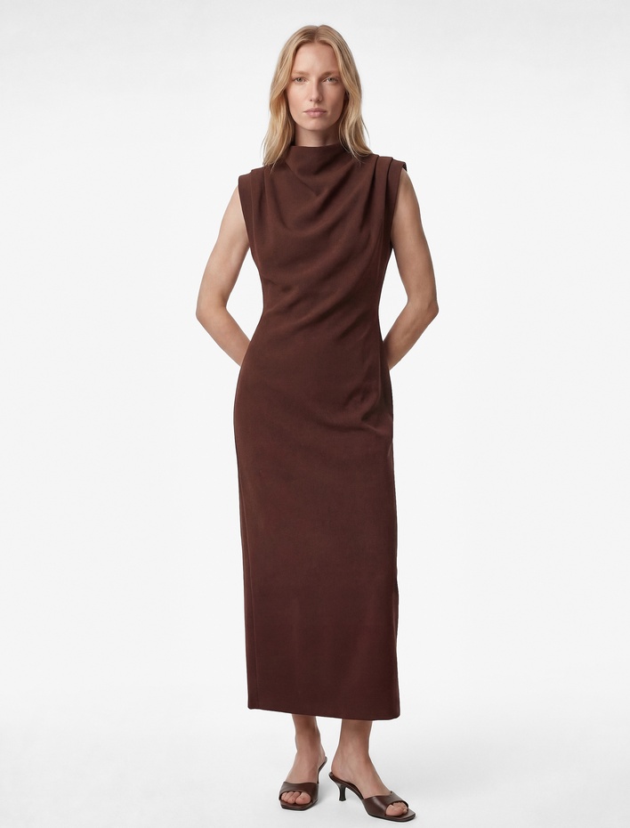  Dik Yaka Kolsuz Krep Uzun Elbise