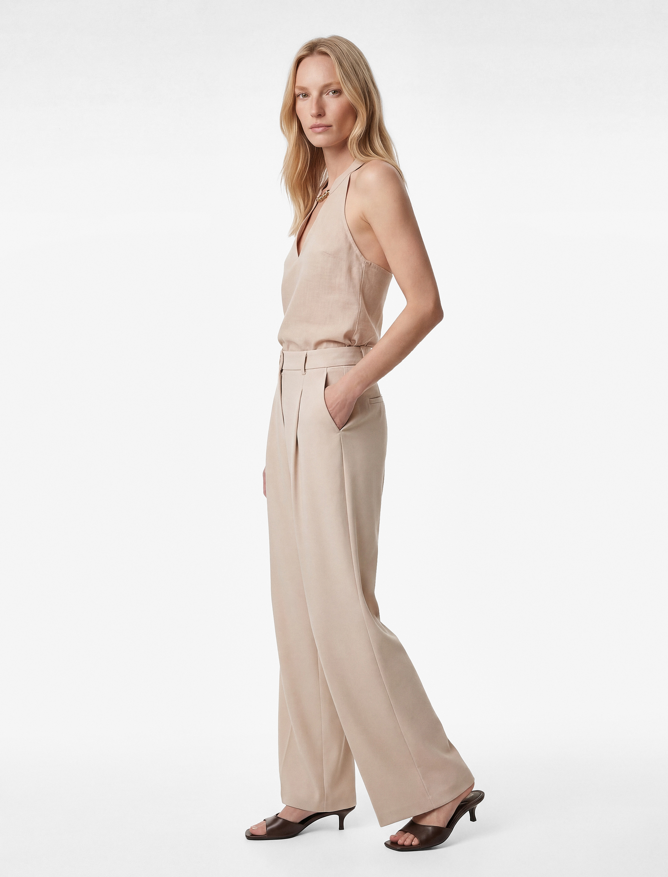   Krep Kumaş Pile Detaylı Cepli Yüksek Bel Palazzo Pantolon