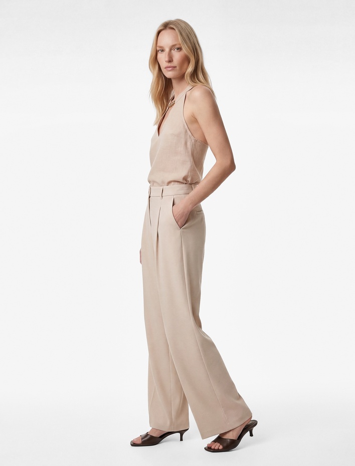  Krep Kumaş Pile Detaylı Cepli Yüksek Bel Palazzo Pantolon