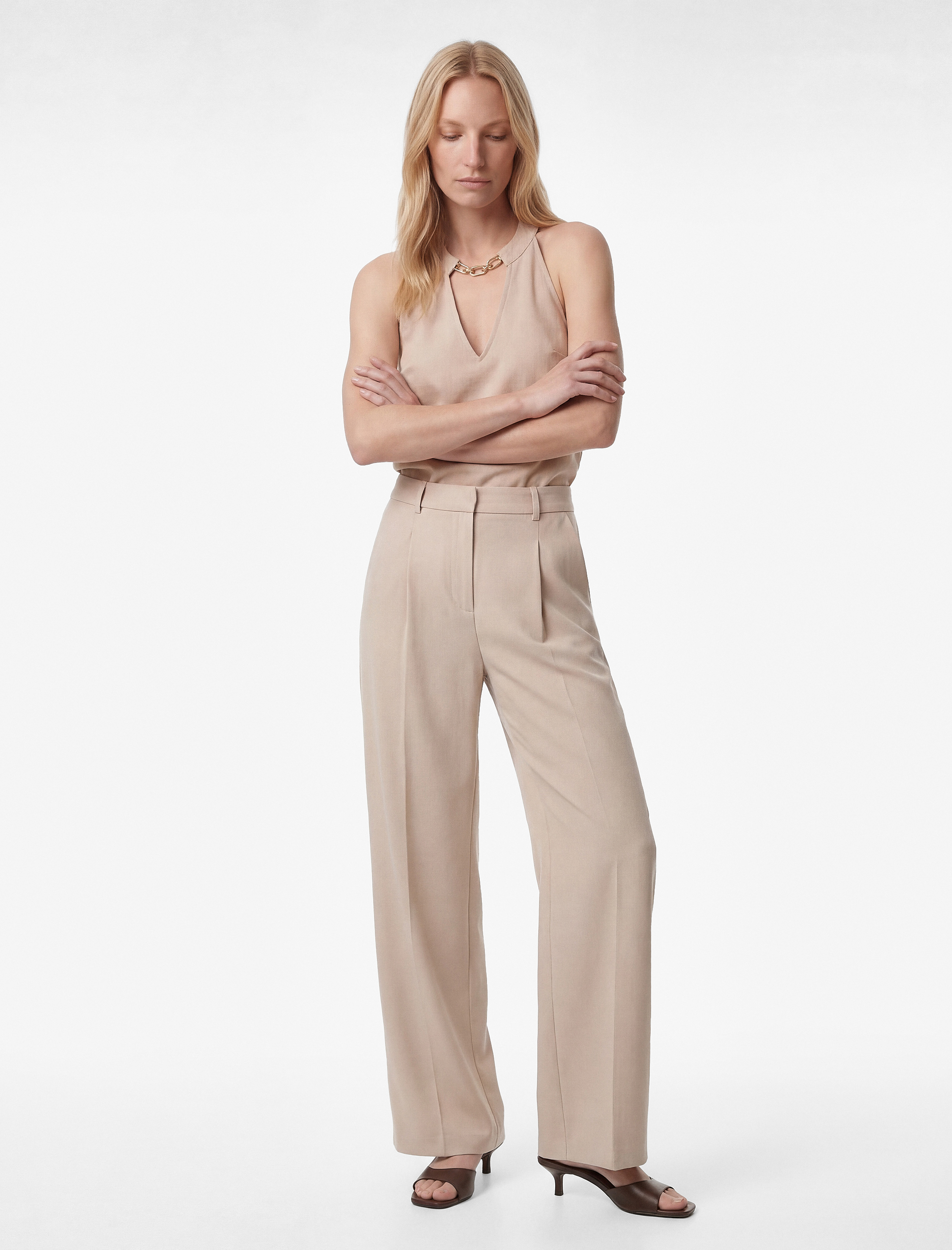   Krep Kumaş Pile Detaylı Cepli Yüksek Bel Palazzo Pantolon