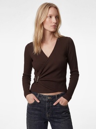 Modal Karışımlı Aksesuarlı Uzun Kollu Slim Fit Asimetrik Kruvaze V Yaka Bluz