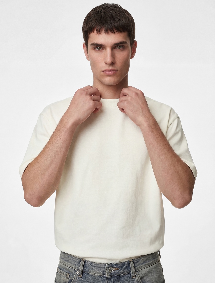 Koton Erkek Kısa Kollu Pamuklu Tok Kumaş Bisiklet Yaka Oversize Basic T-Shirt