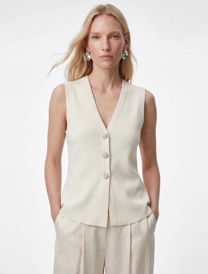  Mücevher Düğme Detaylı Peplum Kesim Triko Yelek