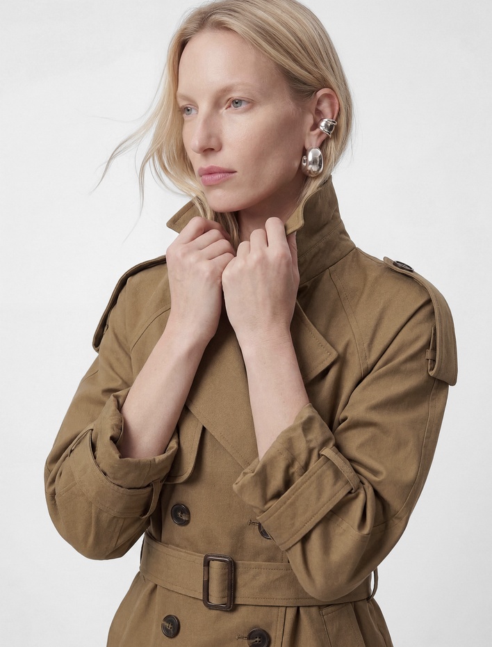  Uzun Kollu Düğmeli Cepli Kruvaze Kemerli Gabardin Kısa Trençkot