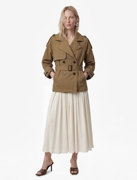 Uzun Kollu Düğmeli Cepli Kruvaze Kemerli Gabardin Kısa Trençkot