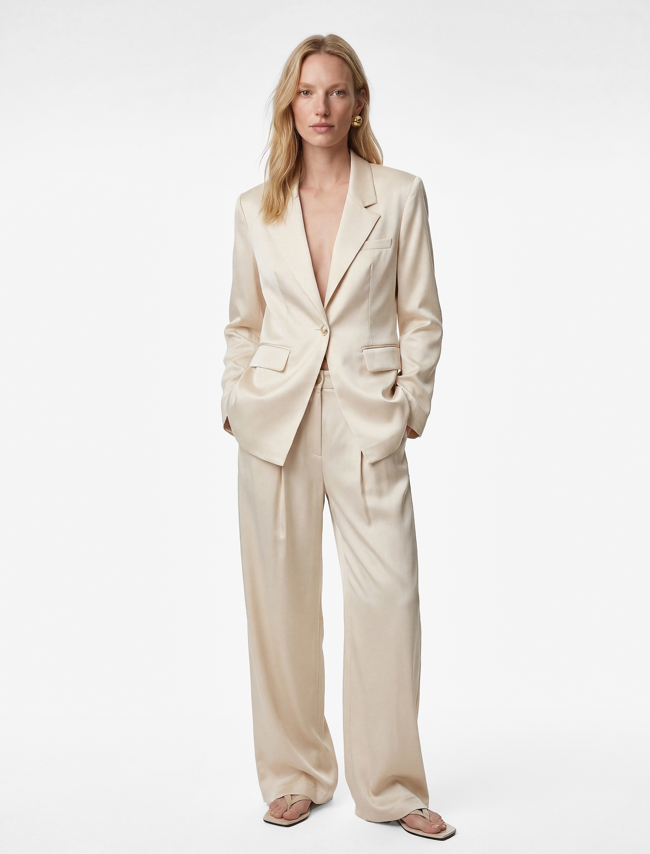   Slim Fit Uzun Kollu Kruvaze Yaka Saten Ceket