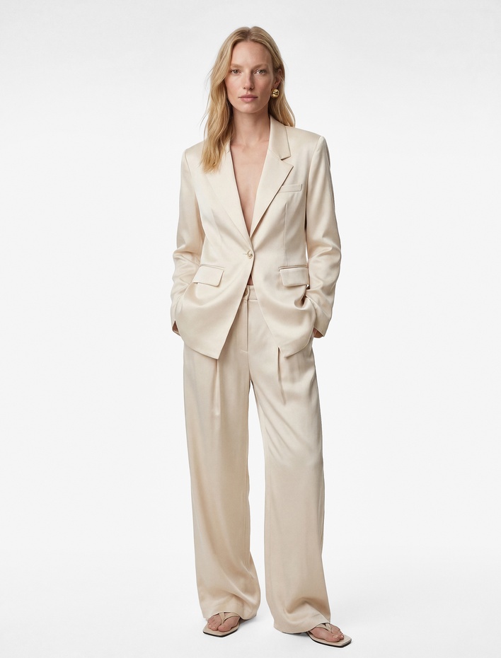  Slim Fit Uzun Kollu Kruvaze Yaka Saten Ceket