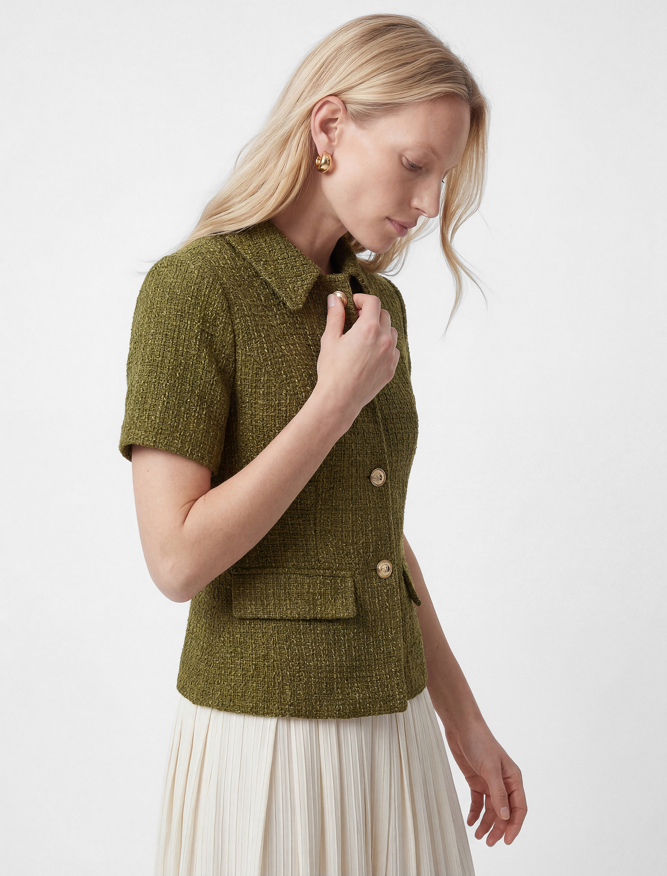   Klasik Yaka Kısa Kollu Metal Aksesuarlı Ceket