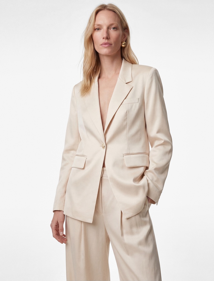  Slim Fit Uzun Kollu Kruvaze Yaka Saten Ceket