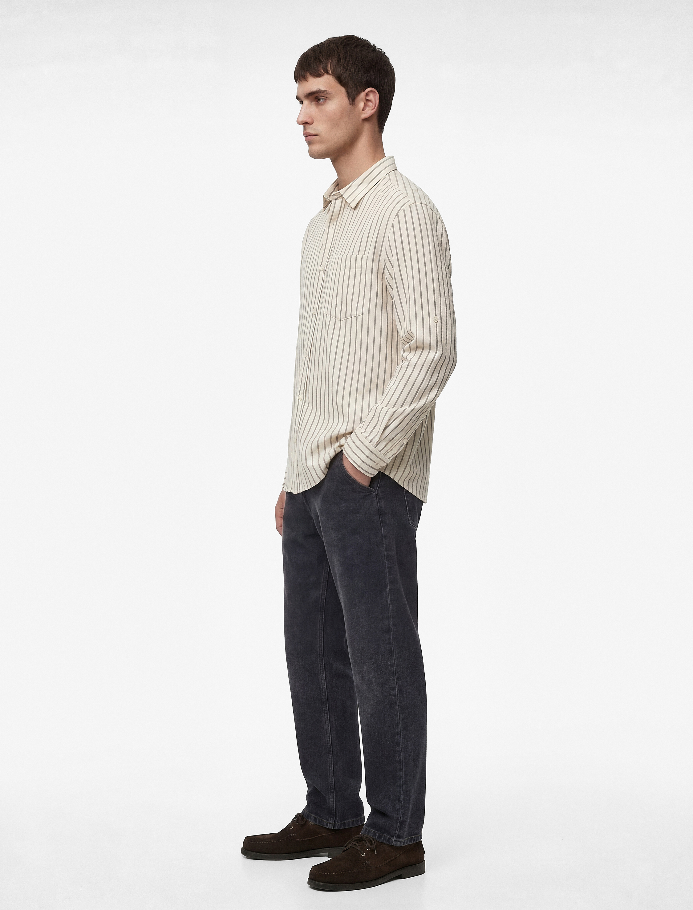 Klasik Yaka Regular Fit Uzun Kollu Pamuklu Çizgili Gömlek - Görsel 2