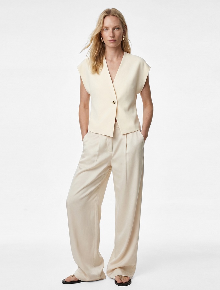  Kolsuz Metal Aksesuarlı Asimetrik Kruvaze Yaka Yelek