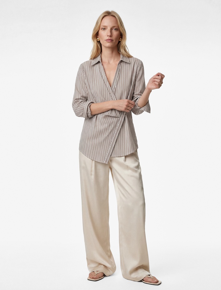  Asimetrik Kesim Kruvaze Yaka Düğme Detaylı Uzun Kollu Gömlek