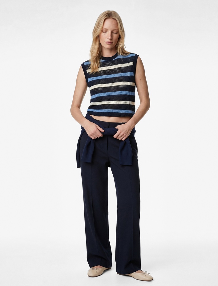  Pamuklu Bisiklet Yaka Kroşe Kolsuz Çizgili Tişört