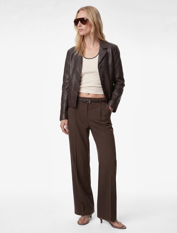 Pileli Yüksek Bel Kemerli Geniş Paça Çizgili Palazzo Pantolon