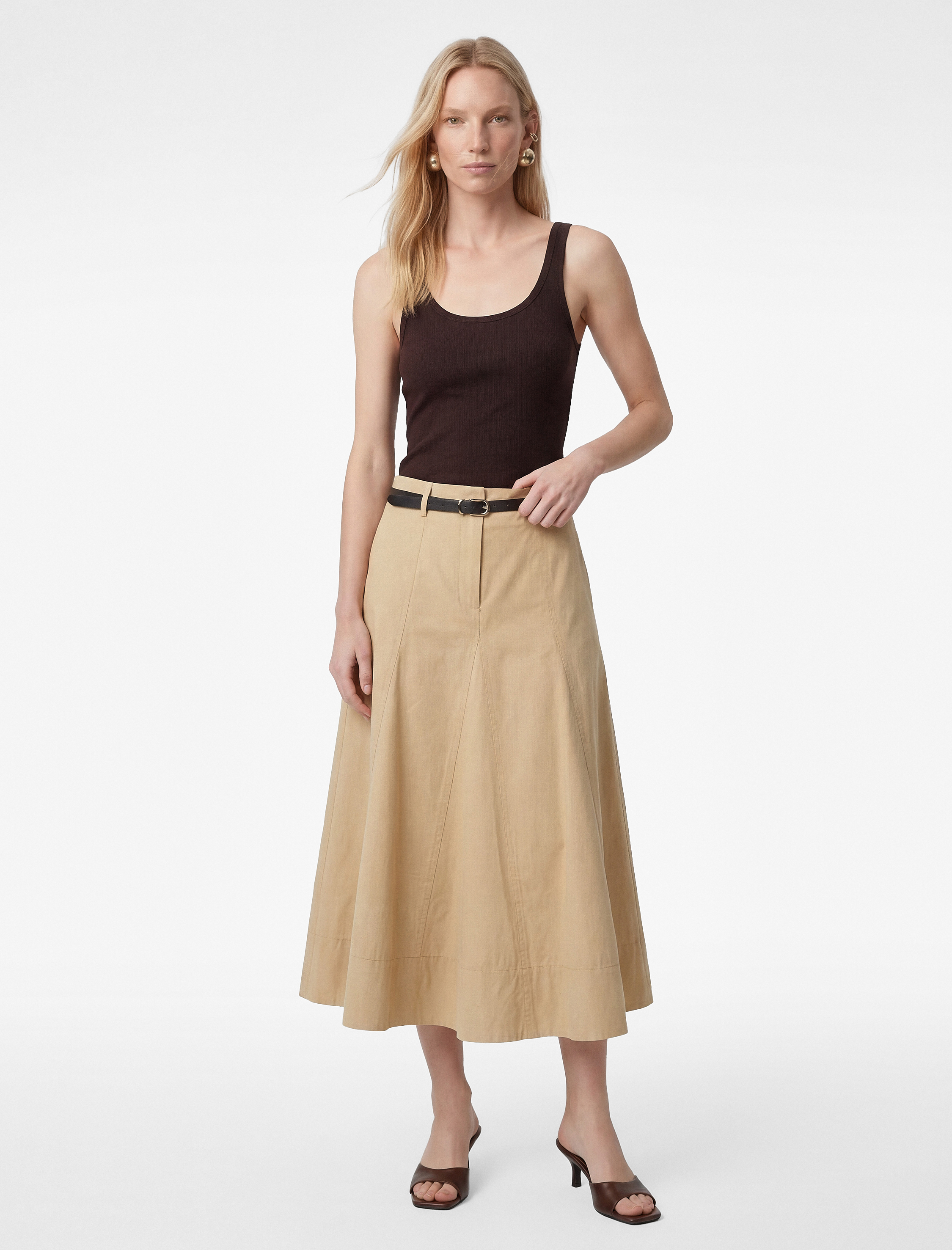   Pamuklu Kemer Detaylı Midi Kloş Etek