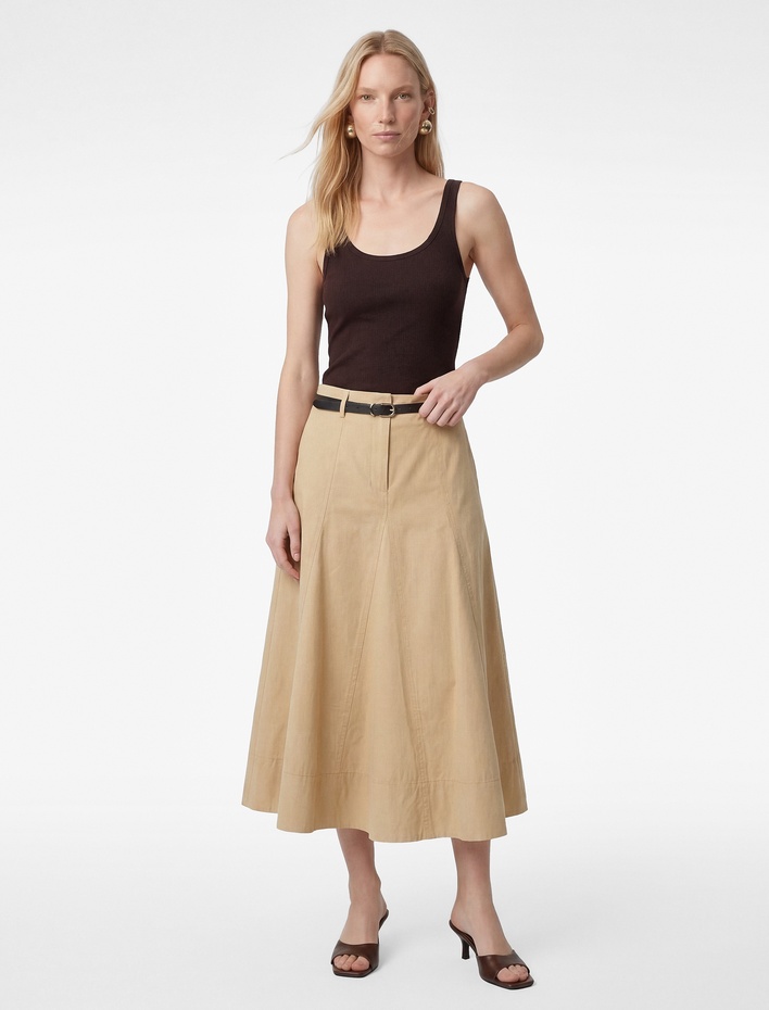  Pamuklu Kemer Detaylı Midi Kloş Etek