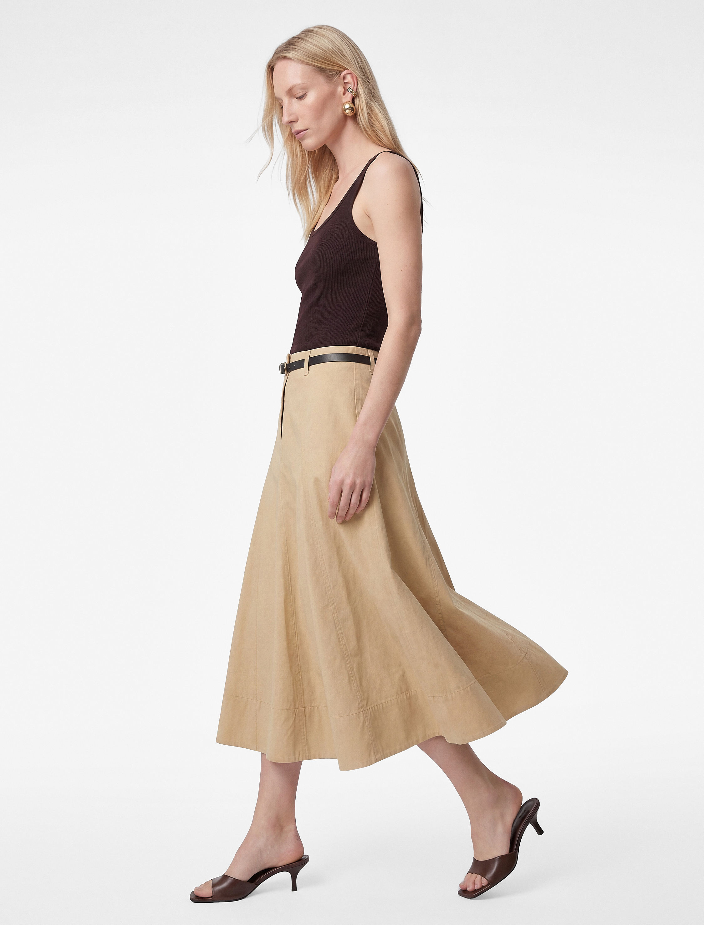   Pamuklu Kemer Detaylı Midi Kloş Etek