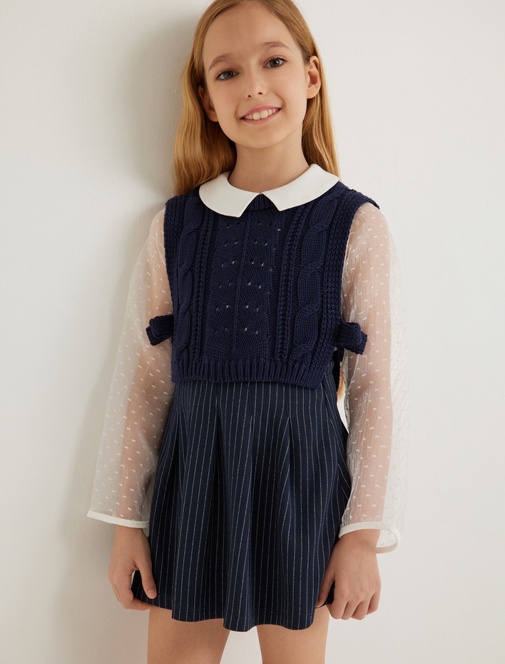 Kız Çocuk Fiyonk Detaylı Bisiklet Yaka Örgü Detaylı Crop Süveter