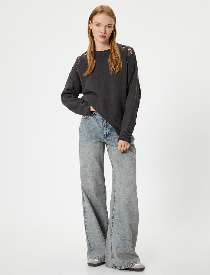  Yırtık Triko Kazak Bisiklet Yaka Akrilik Karışımlı