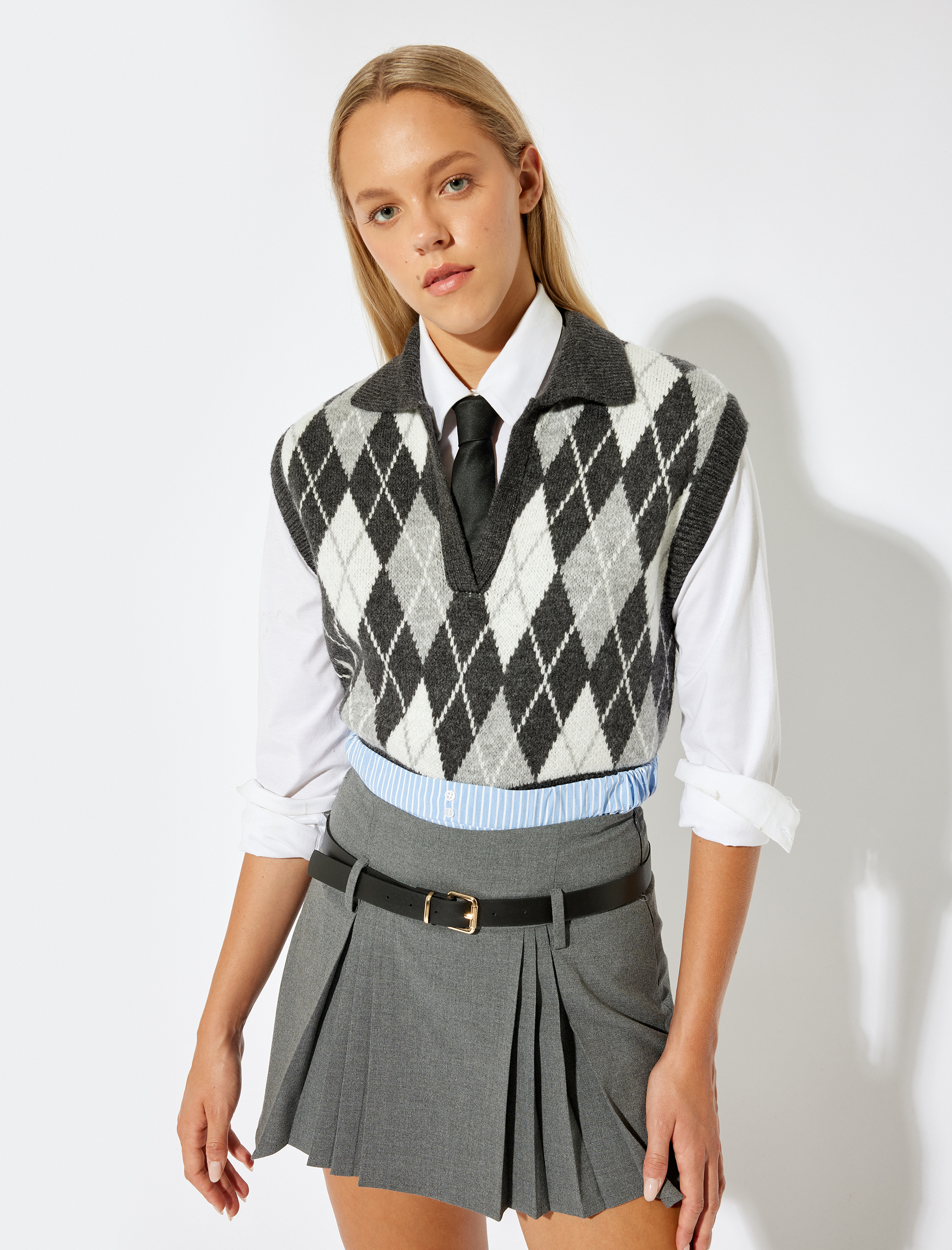   Kolsuz Süveter Polo Yaka Geometrik Desenli