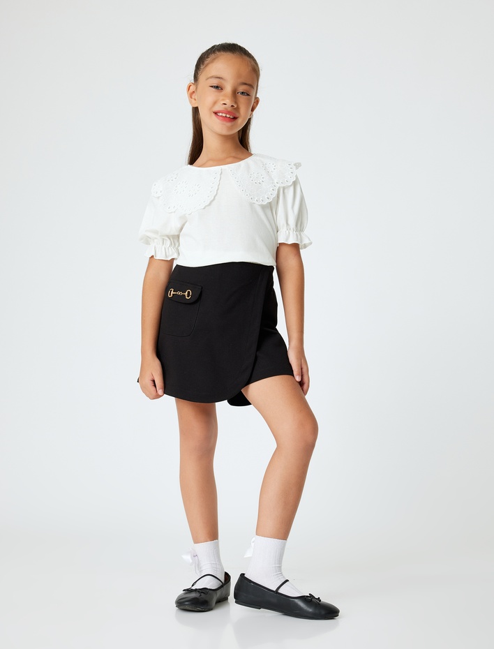 Kız Çocuk Fırfır Detaylı Kısa Kollu Pamuklu Bebe Yaka Okul Bluz