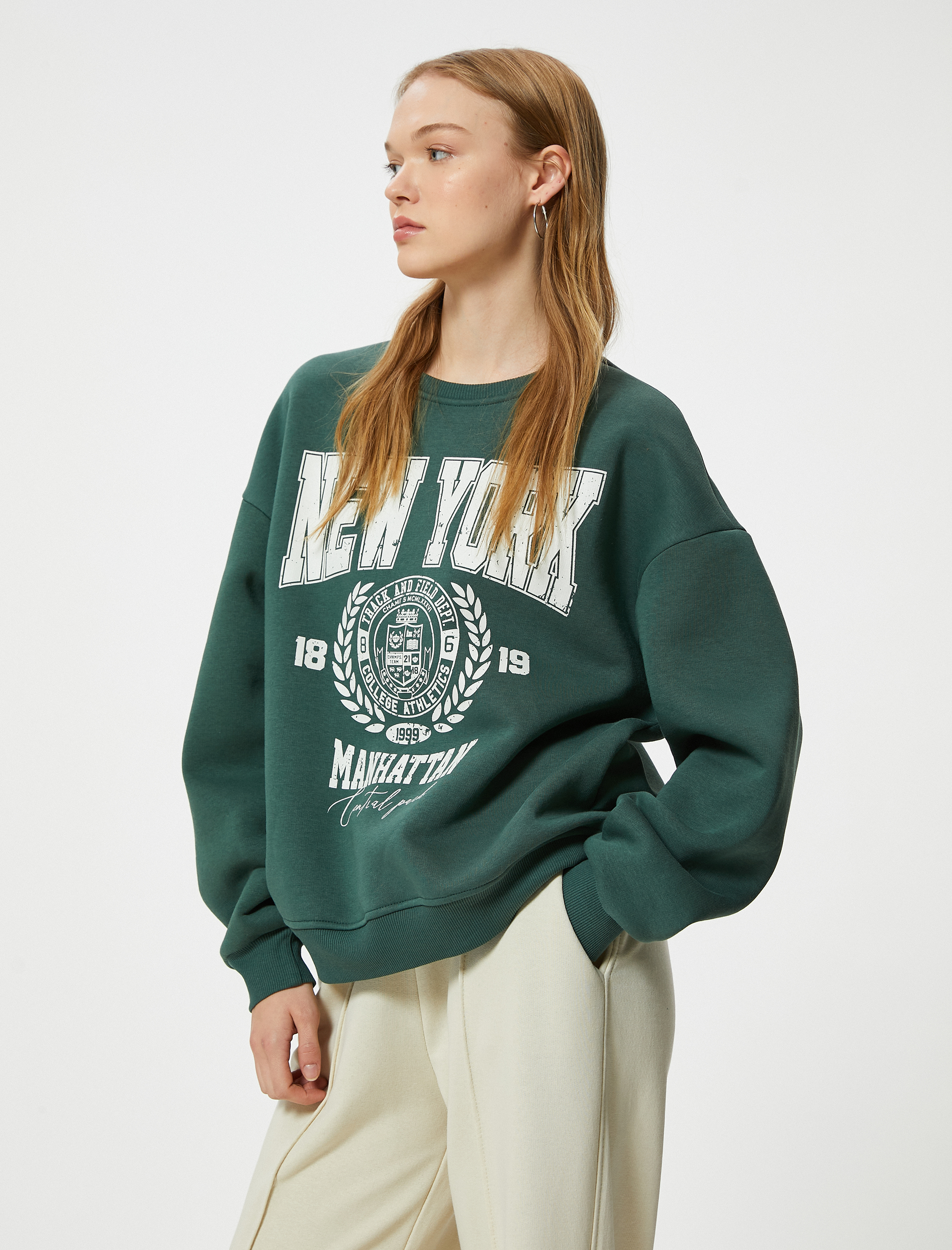   Şardonlu Oversize Sweatshirt Kolej Baskılı Bisiklet Yaka Uzun Kollu
